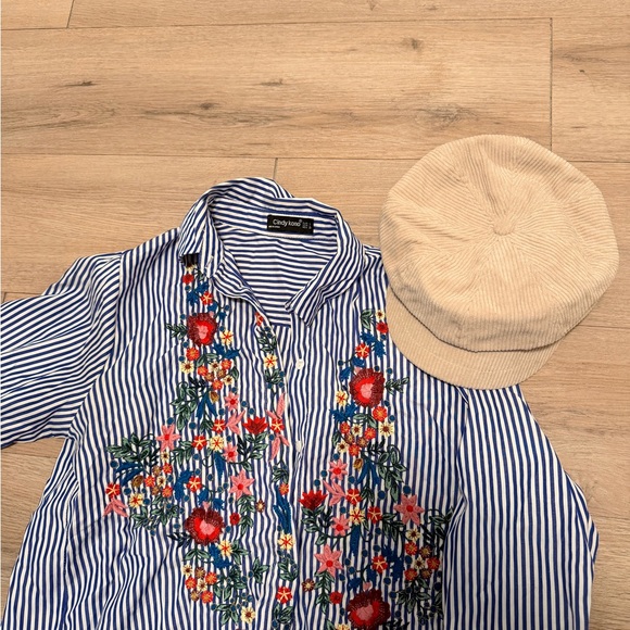 Striped Floral Embroidered Shirt with Cap - Picture 3 of 3